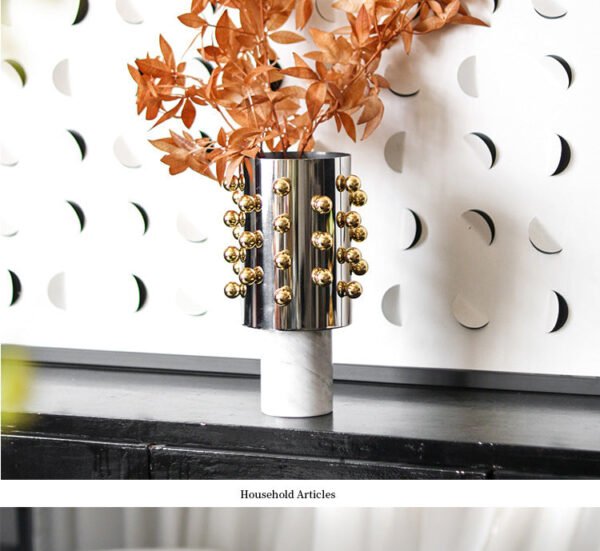 Nordic Luxury Cylindrical Beaded Vase Decorative Piece Model Home Living Room Wine Cabinet Marble Base Floral Vessel Ornament