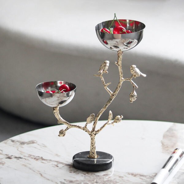 Designer Artistic Branch Bird Double-Tiered Metal Snack Bowl Fruit Dish Decorative Piece Luxury New Chinese-Style Home Decor