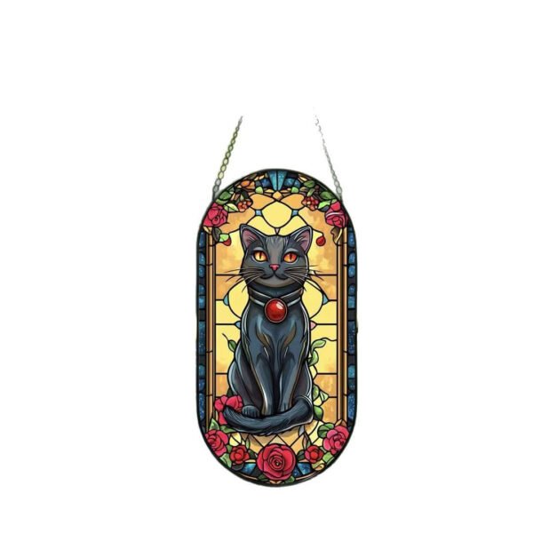 New Colorful Oval Glass Hanging Sign Black Cat Home Window Garden Sun Catcher