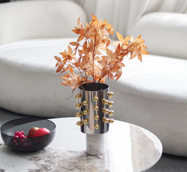Nordic Luxury Cylindrical Beaded Vase Decorative Piece Model Home Living Room Wine Cabinet Marble Base Floral Vessel Ornament