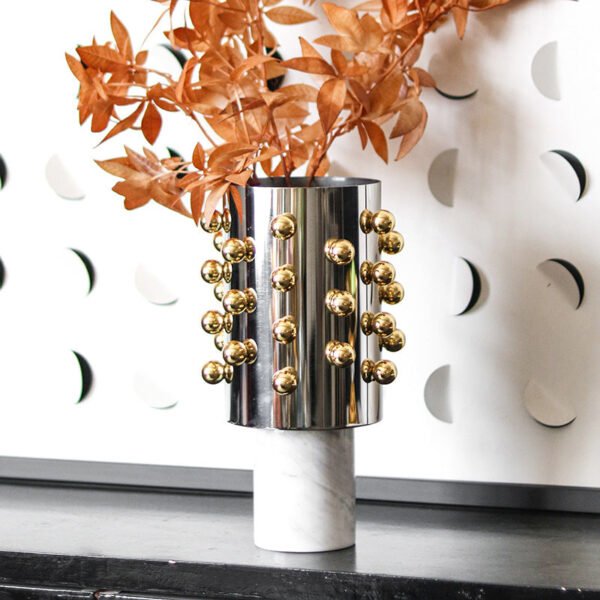 Nordic Luxury Cylindrical Beaded Vase Decorative Piece Model Home Living Room Wine Cabinet Marble Base Floral Vessel Ornament