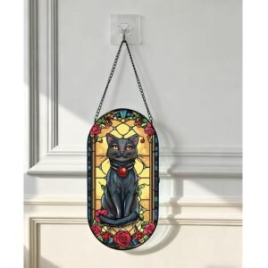 New Colorful Oval Glass Hanging Sign Black Cat Home Window Garden Sun Catcher
