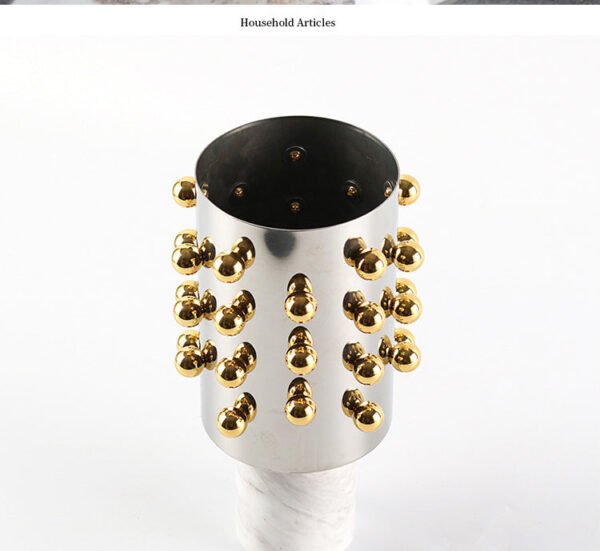 Nordic Luxury Cylindrical Beaded Vase Decorative Piece Model Home Living Room Wine Cabinet Marble Base Floral Vessel Ornament