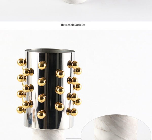 Nordic Luxury Cylindrical Beaded Vase Decorative Piece Model Home Living Room Wine Cabinet Marble Base Floral Vessel Ornament