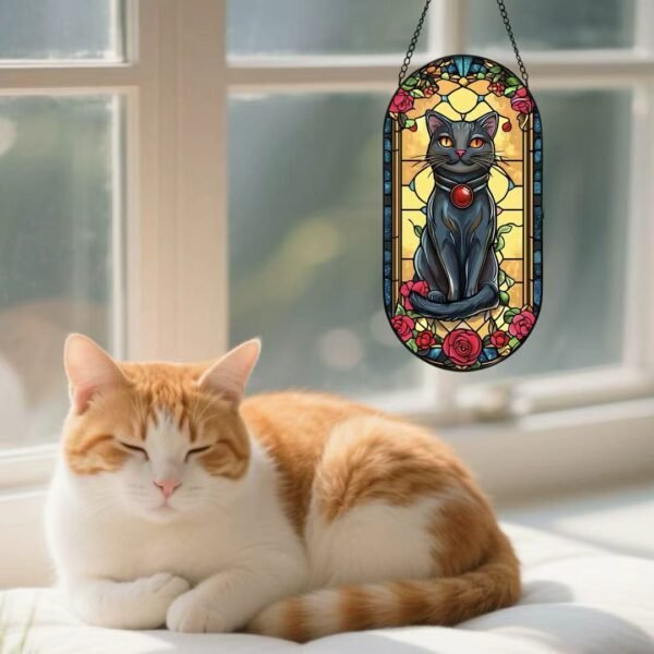 New Colorful Oval Glass Hanging Sign Black Cat Home Window Garden Sun Catcher
