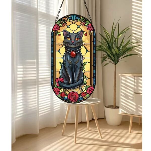 New Colorful Oval Glass Hanging Sign Black Cat Home Window Garden Sun Catcher