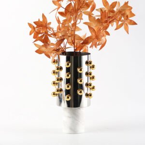 Nordic Luxury Cylindrical Beaded Vase Decorative Piece Model Home Living Room Wine Cabinet Marble Base Floral Vessel Ornament